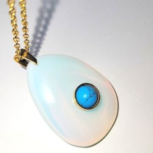 NEW! Opalite Translucent Large Pendant w/Blue Howlite on Yellow Gold ION Chain